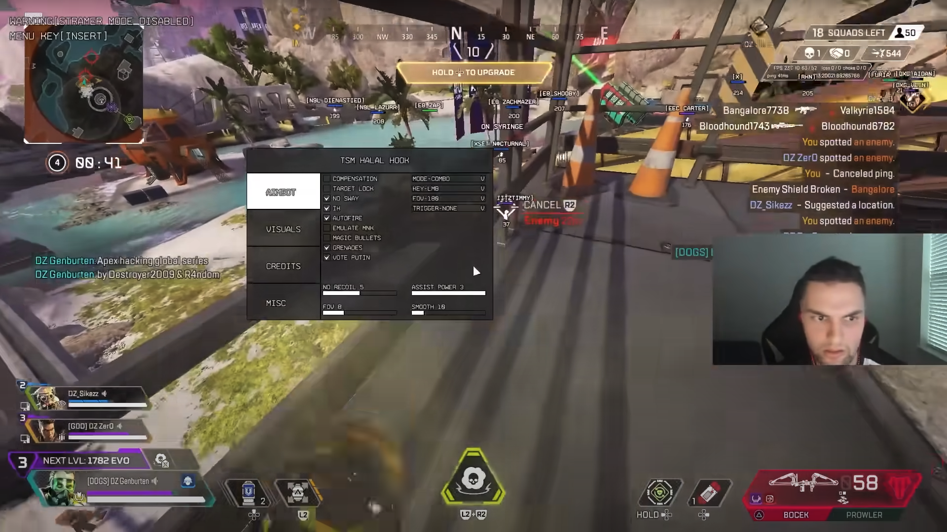 Bir oyuncunun saldırıya uğradığı ve aniden hile yaptığı Apex Legends turnuva oyununun ekran görüntüsü.