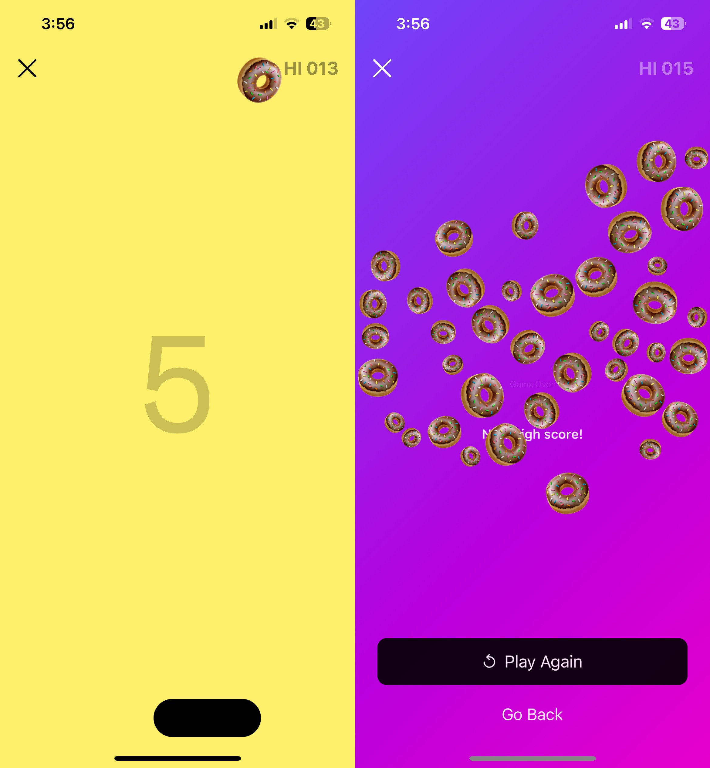 Dos capturas de pantalla, una al lado de la otra, del juego oculto de Instagram.  La primera imagen muestra un emoji de dona rebotando en una paleta.  La segunda imagen muestra la pantalla de fin del juego.
