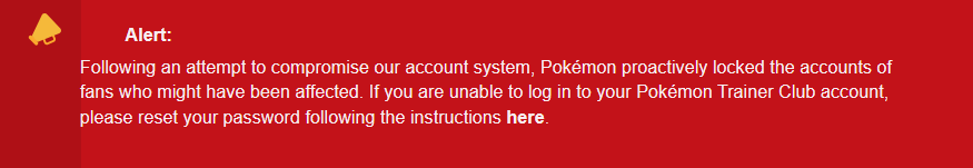 La alerta sobre intentos de hackeo que The Pokemon Company publicó en su sitio web oficial de soporte.