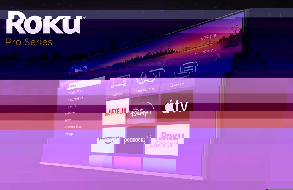 a glitchy art featuring Roku's logo and display interface on a purple background