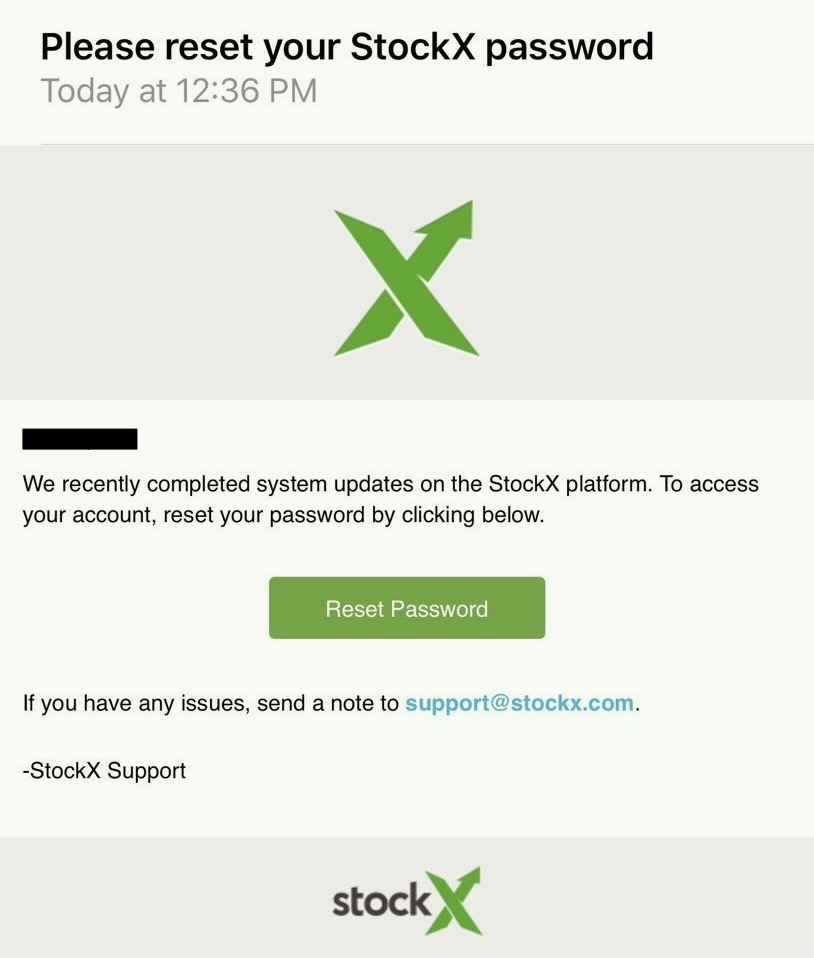 an email from StockX asking the user to "reset your StockX password," citing "system updates."