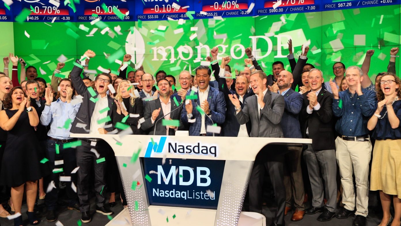 President and CEO Dev Ittycheria with MongoDB colleagues at its 2017 IPO