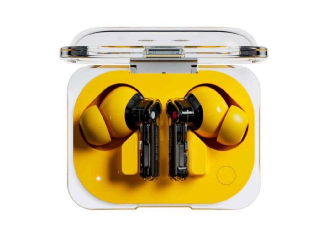 Uma caixa de fones de ouvido amarelos nada