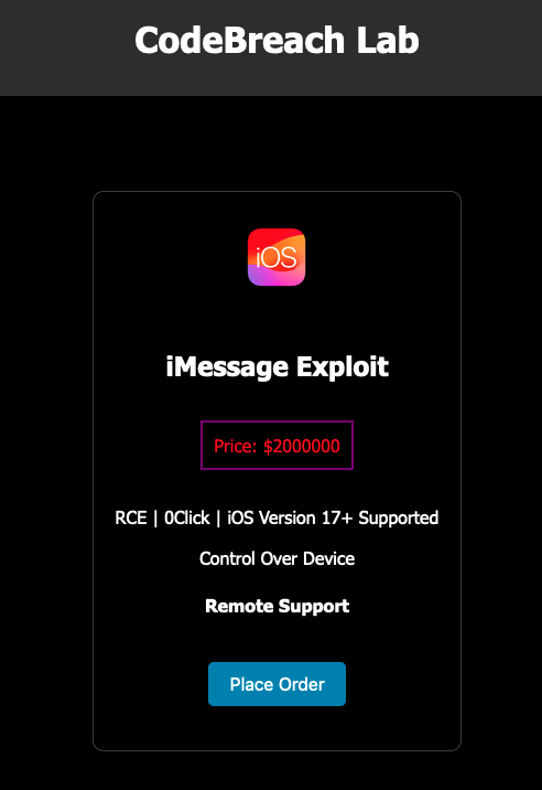 A screenshot of the dark web ad claiming to sell an alleged iMessage exploit. Image Credits: TechCrunch