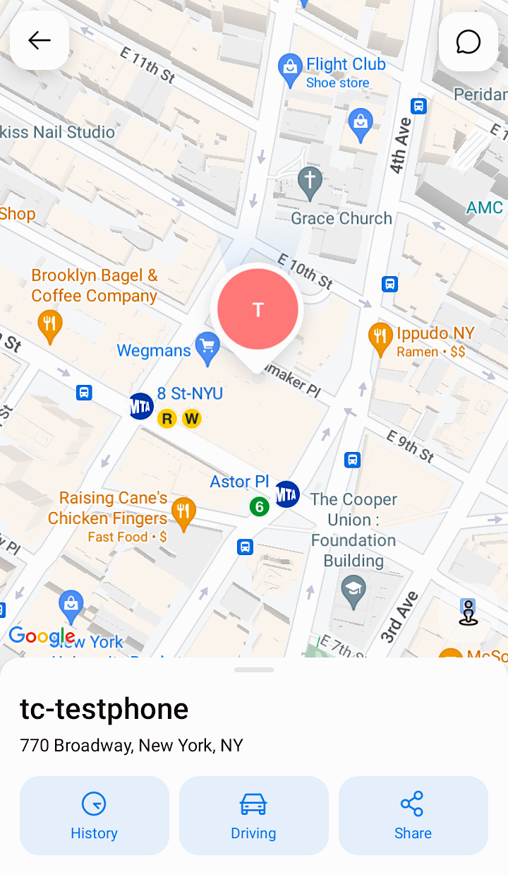 a screenshot from the iSharing app, which shows a map marker hovering over TechCrunch's office in New York, where the security researcher was able to pluck our location data from the iSharing API.