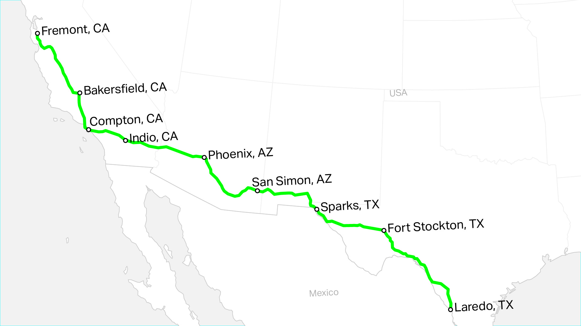 Map of proposed charging corridor from Fremont, CA to Laredo, TX